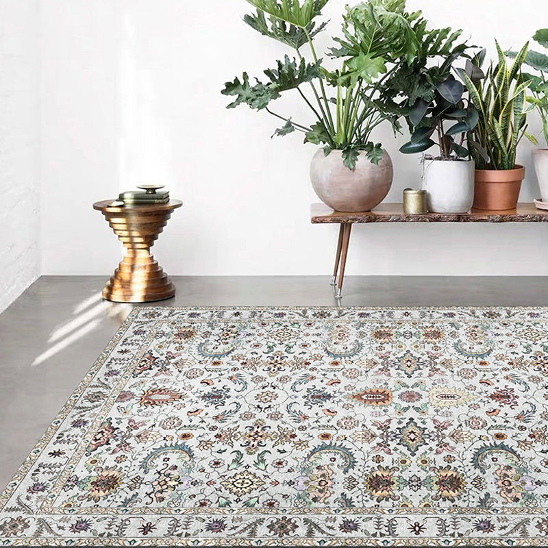 Retro Tribal Flower Pattern Rug Pink and Grey Polyester Rug Washable Pet Friendly Anti-Slip Carpet for Living Room