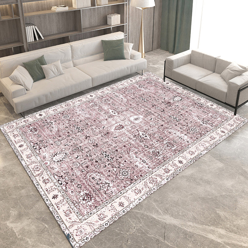 Retro Tribal Flower Pattern Rug Pink and Grey Polyester Rug Washable Pet Friendly Anti-Slip Carpet for Living Room