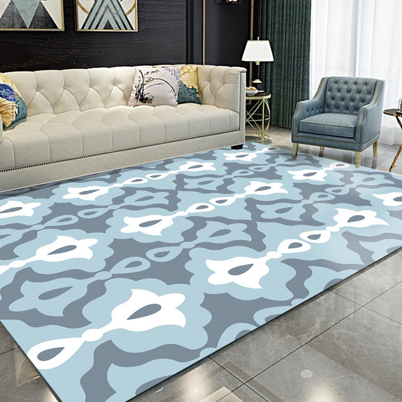 Retro Geometric Flower Pattern Rug Blue and Green Southwestern Rug Polyester Pet Friendly Non-Slip Backing Washable Area Rug for Living Room