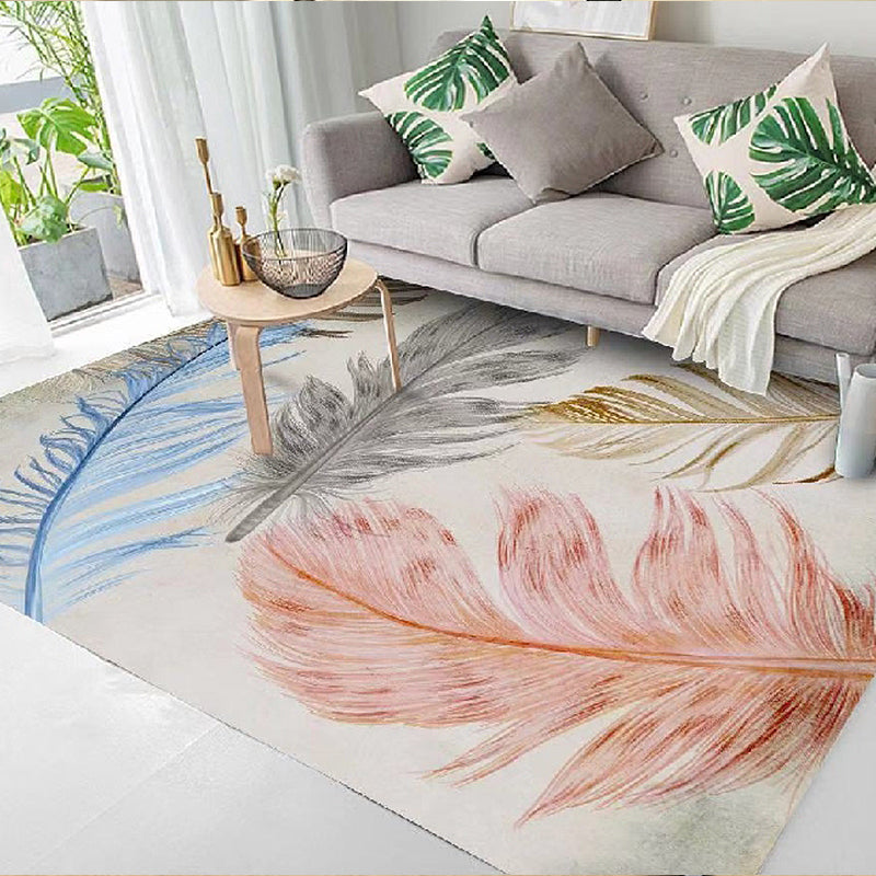 Nordic Feather Pattern Rug Multicolor Polyester Rug Washable Pet Friendly Non-Slip Area Rug for Living Room