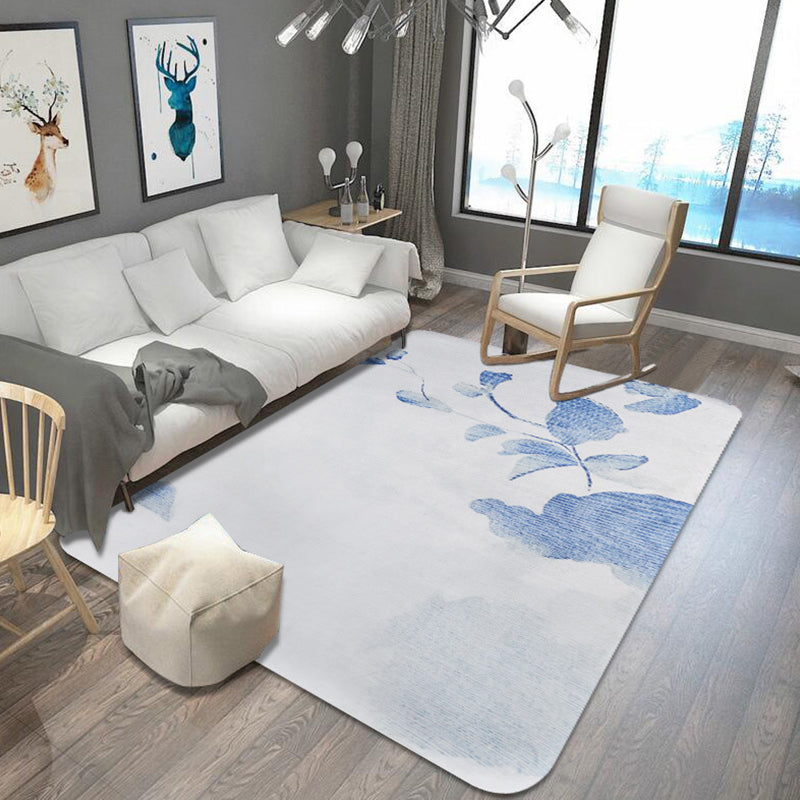 Stylish Leaf Pattern Rug Blue and Grey Oriental Rug Polyester Machine Washable Anti-Slip Carpet for Living Room