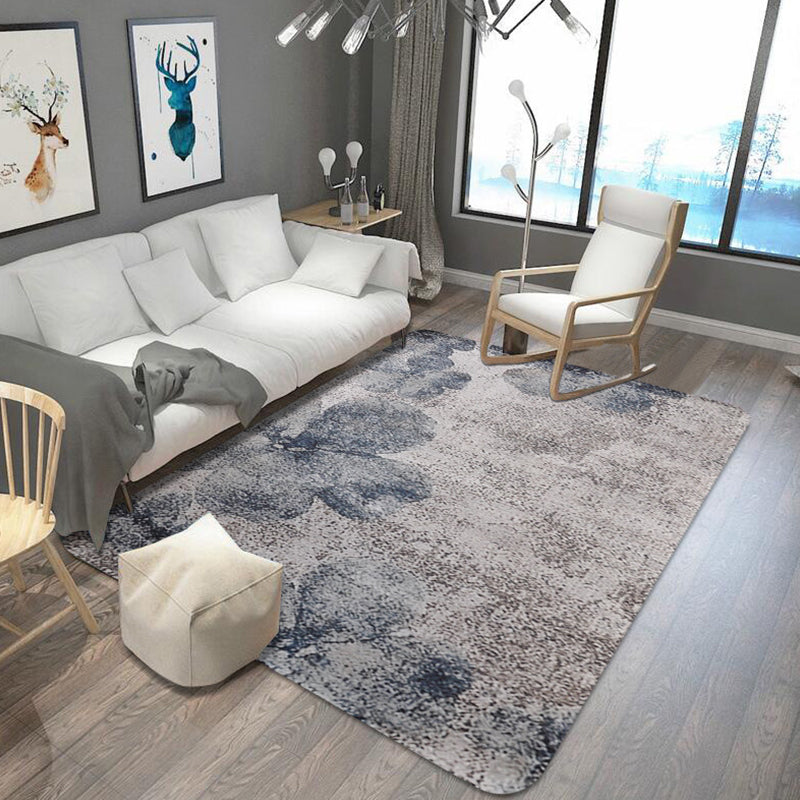 Stylish Leaf Pattern Rug Blue and Grey Oriental Rug Polyester Machine Washable Anti-Slip Carpet for Living Room