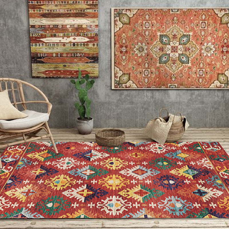 Stylish Geometric Pattern Rug with Flower White and Red Moroccan Rug Polyester Pet Friendly Non-Slip Backing Washable Area Rug for Living Room