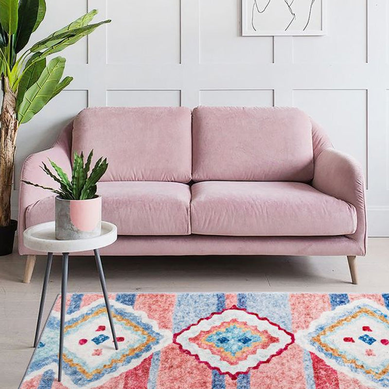 Bohemian Rhombus Pattern Rug White Polyester Rug Machine Washable Non-Slip Backing Area Rug for Bedroom