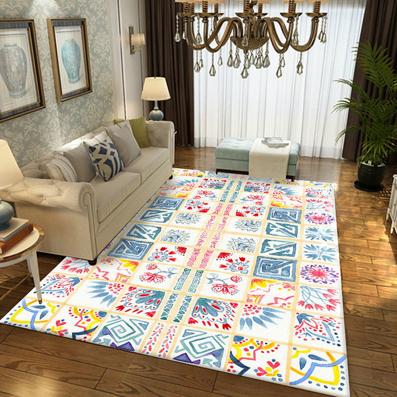 Moroccan Azulejo Pattern Rug Multicolor Polyester Rug Washable Pet Friendly Non-Slip Area Rug for Living Room