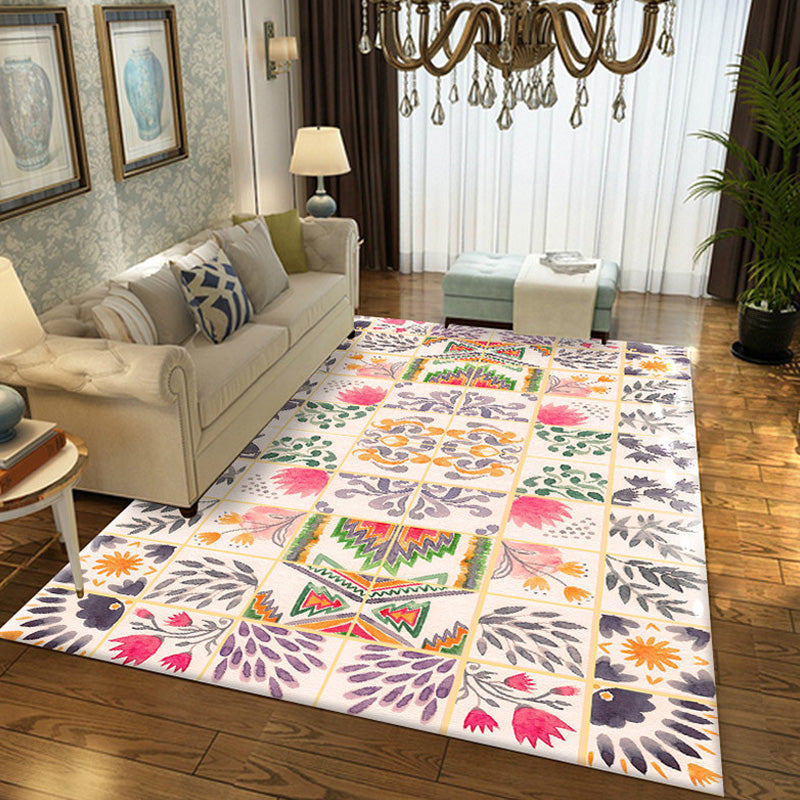 Moroccan Azulejo Pattern Rug Multicolor Polyester Rug Washable Pet Friendly Non-Slip Area Rug for Living Room