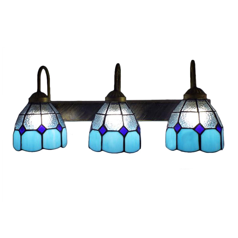 Mediterranean Dome Wall Light Fixture 3 Heads Blue Dimple Glass Sconce Lighting for Bathroom