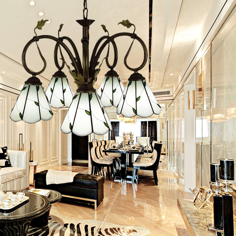 Beige Glass Cone Chandelier Light with Metal Chain Multi Light Vintage Pendant Light for Library