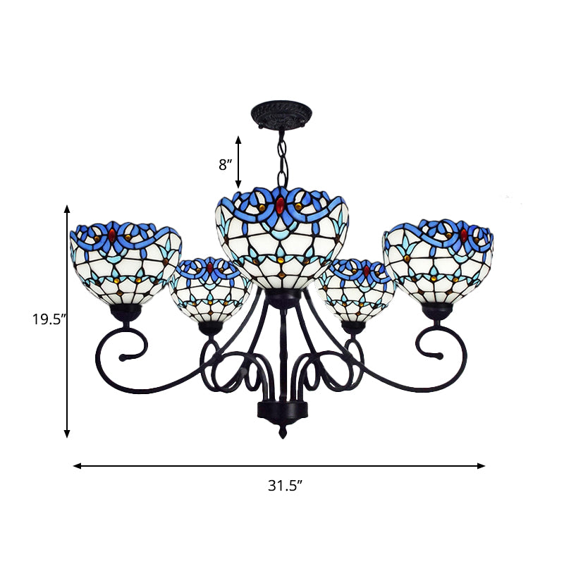 Ciotola vittoriana Ciotola Light 5 Luci in vetro Pla lampadario interno in blu per foyer
