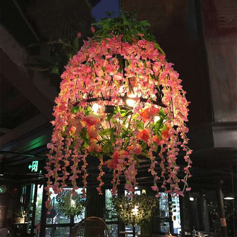4 Heads Hanging Chandelier Industrial Restaurant Floral Pendant Light Kit with Wire Cage Metal Shade in Pink