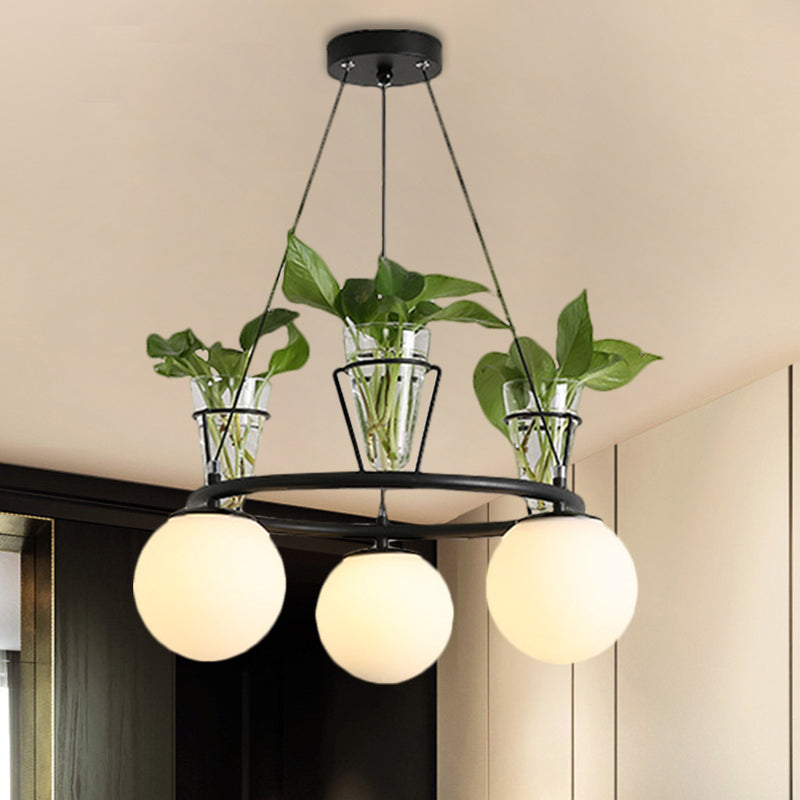 Cream Glass Globe Ceiling Chandelier Warehouse 3/5-Light Dining Room Hanging Light Kit in Black with Metal Ring Design