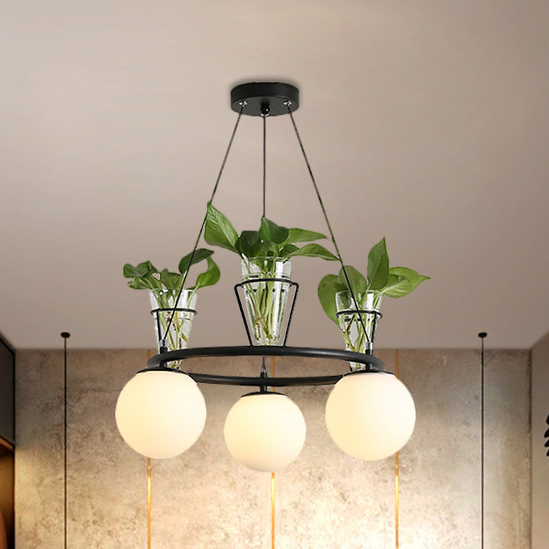 Cream Glass Globe Ceiling Chandelier Warehouse 3/5-Light Dining Room Hanging Light Kit in Black with Metal Ring Design