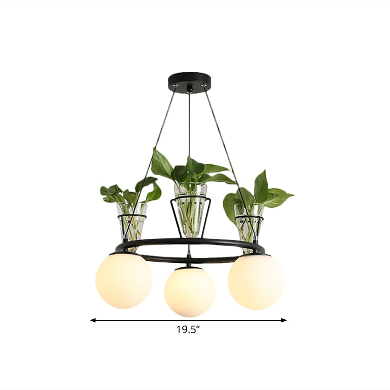 Cream Glass Globe Ceiling Chandelier Warehouse 3/5-Light Dining Room Hanging Light Kit in Black with Metal Ring Design