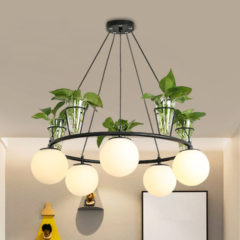 Cream Glass Globe Ceiling Chandelier Warehouse 3/5-Light Dining Room Hanging Light Kit in Black with Metal Ring Design