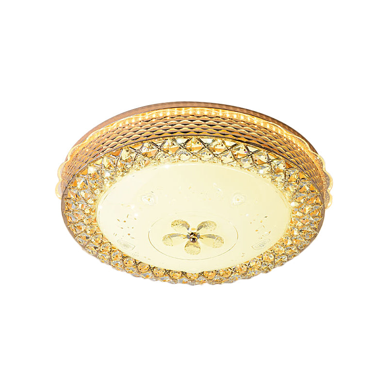 Plafonnier en forme de bol en cristal biseauté, plafonnier LED moderniste doré avec motif floral