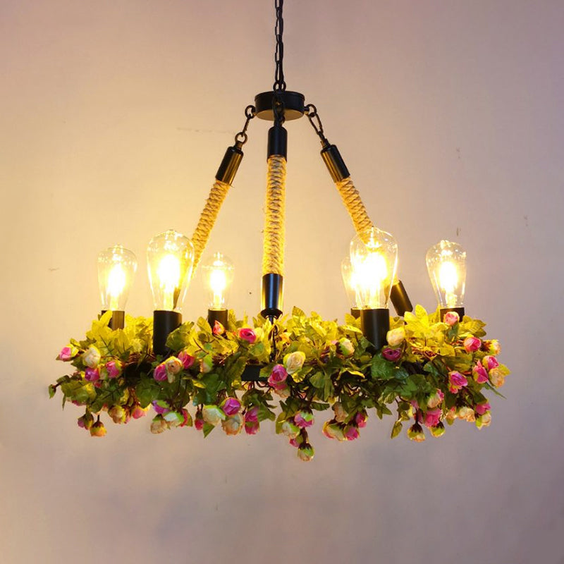 Metal Exposed Bulb Pendant Chandelier Industrial 6-Light Restaurant Pendulum Light with Pink/Green Artificial Floral Deco