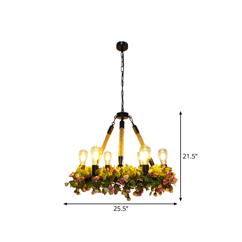Metal Exposed Bulb Pendant Chandelier Industrial 6-Light Restaurant Pendulum Light with Pink/Green Artificial Floral Deco