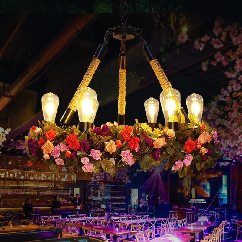 Metal Exposed Bulb Pendant Chandelier Industrial 6-Light Restaurant Pendulum Light with Pink/Green Artificial Floral Deco