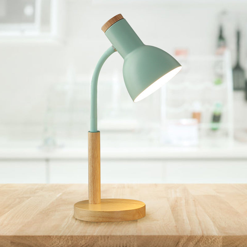 Metal Domed Night Table Lamp Simple 1 Bulb Black/White/Yellow Flexible Nightstand Light with Wood Round Base