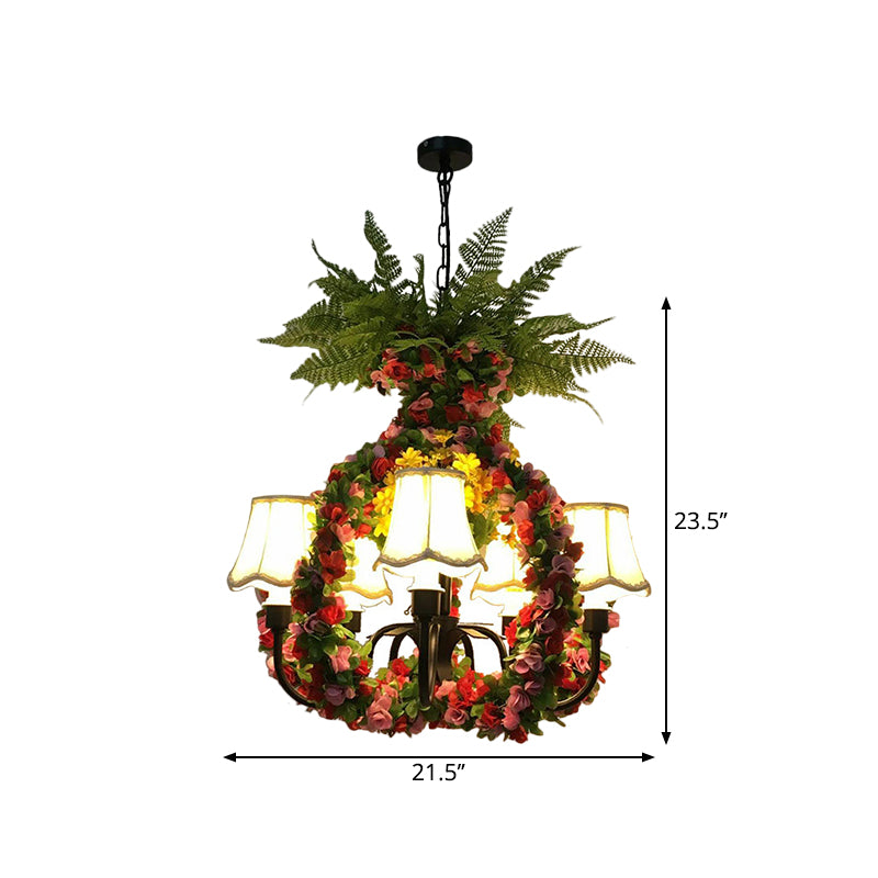 Scalloped Fabric Chandelier Light Warehouse 4 Bulbs Restaurant Suspension Lighting in Green with Pineapple Design