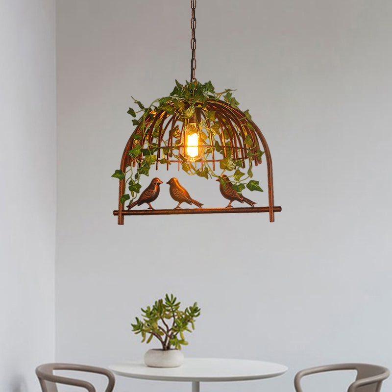 Vintage Birdcage Hanging Pendant 1 Light Metallic Suspension Lamp in Rust with PVC Plant Deco