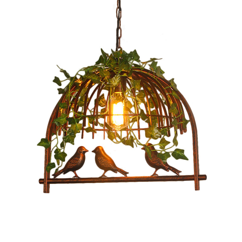 Vintage Birdcage Hanging Pendant 1 Light Metallic Suspension Lamp in Rust with PVC Plant Deco