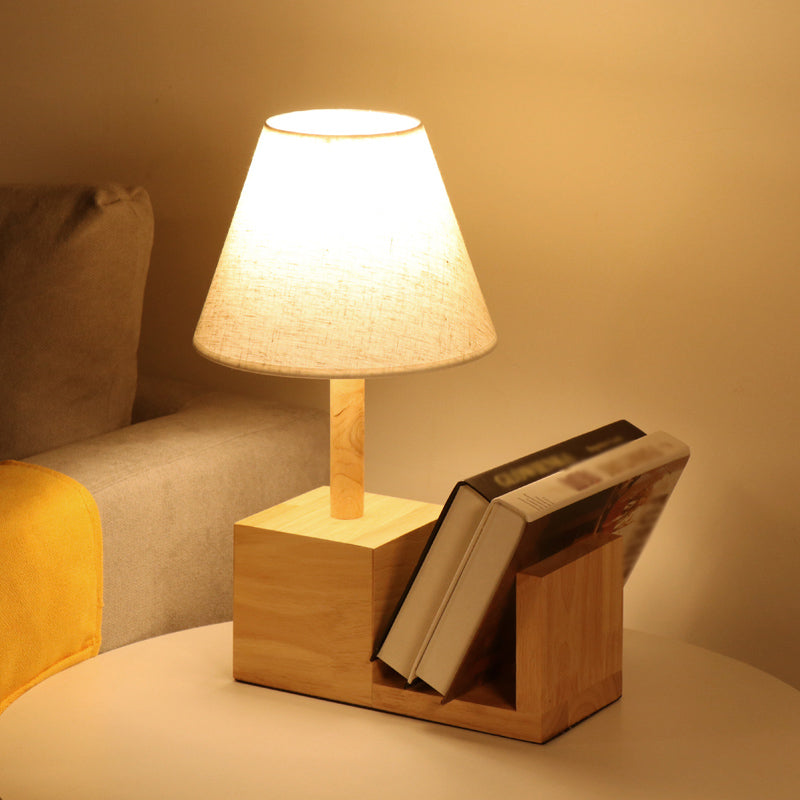 Tapered Fabric Night Table Light Contemporary 1 Head White Desk Lighting with Wood Shelf Base