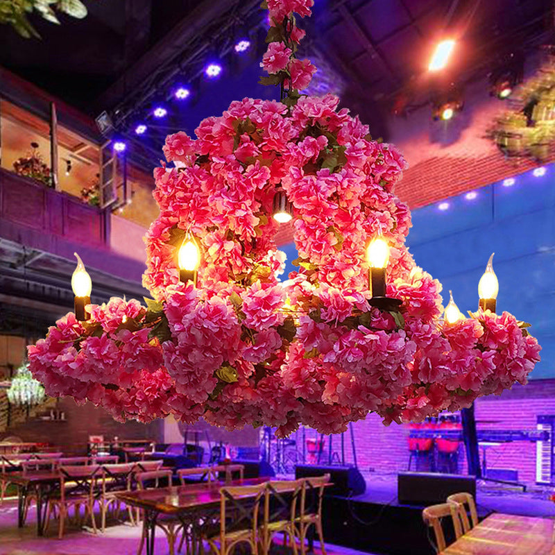 6 Heads Candle Chandelier Lighting Factory Blue/Rose Red Metallic Pendant Light Fixture with Artificial Flower Deco