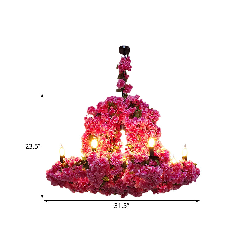 6 Heads Candle Chandelier Lighting Factory Blue/Rose Red Metallic Pendant Light Fixture with Artificial Flower Deco