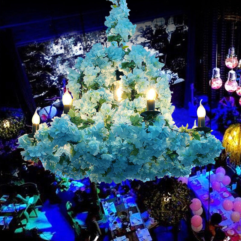 6 Heads Candle Chandelier Lighting Factory Blue/Rose Red Metallic Pendant Light Fixture with Artificial Flower Deco