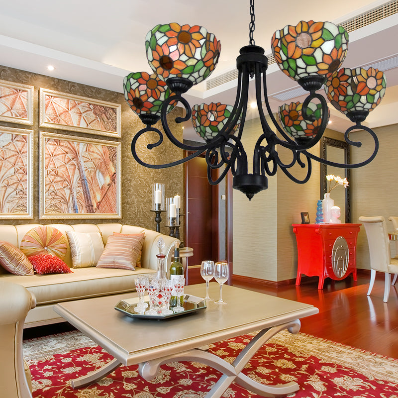 Orange Sunflower Chandelier Lamp with Metal Chain 6 Lights Stained Glass Indoor Pendant Lighting