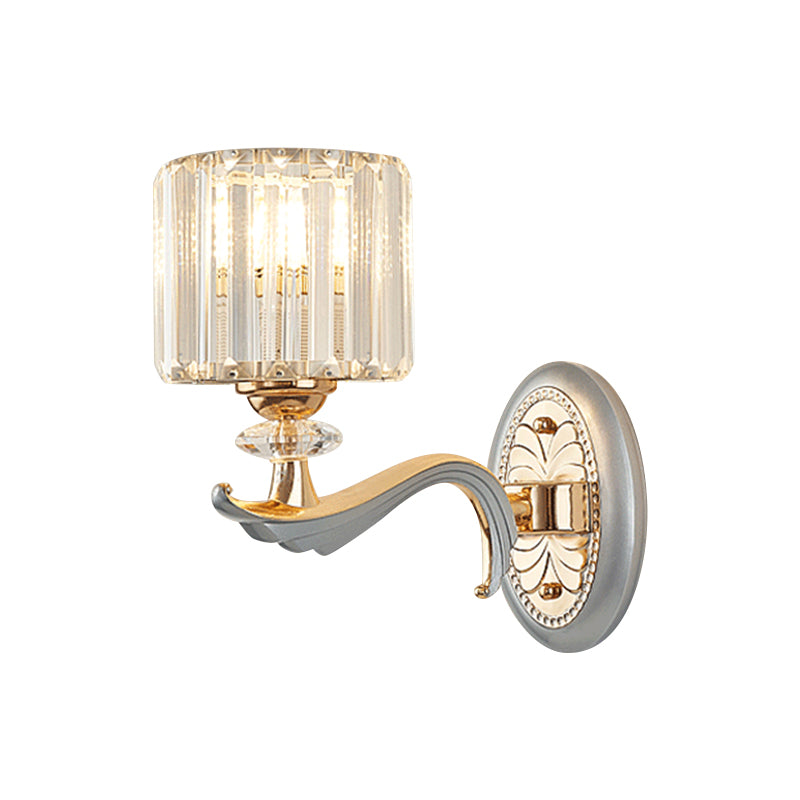 Modernist 1/2-Head Wall Light Fixture Gold Cylinder Wall Mounted Lamp with Clear Crystal Shade