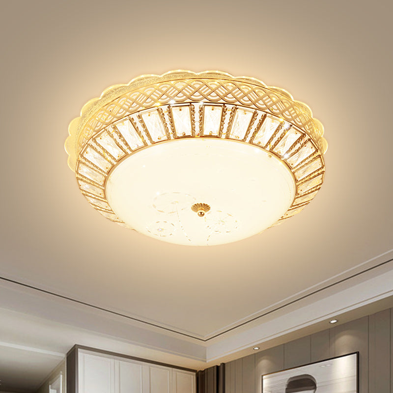 Bowl Shade Crystal Flush Mount Light Minimal LED Gold Close to Ceiling Lamp with Flower Pattern for Bedroom