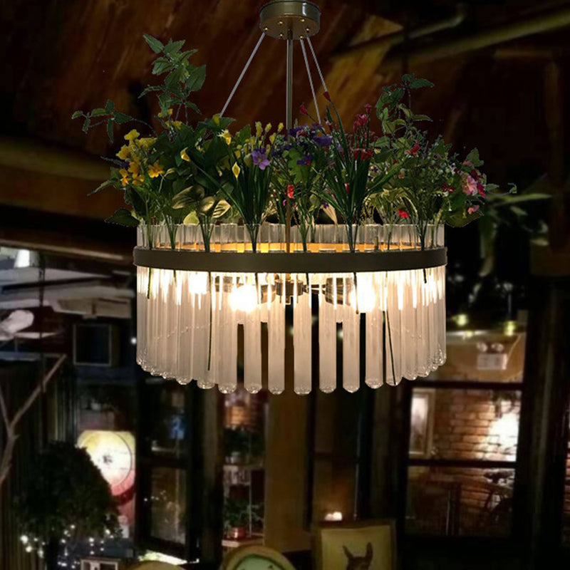 Retro Round Chandelier Lamp 6-Head Clear Glass Hanging Ceiling Light in Black with PVC Plant Deco