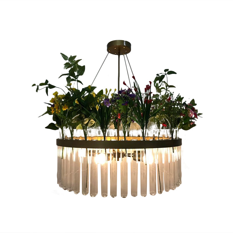 Retro Round Chandelier Lamp 6-Head Clear Glass Hanging Ceiling Light in Black with PVC Plant Deco