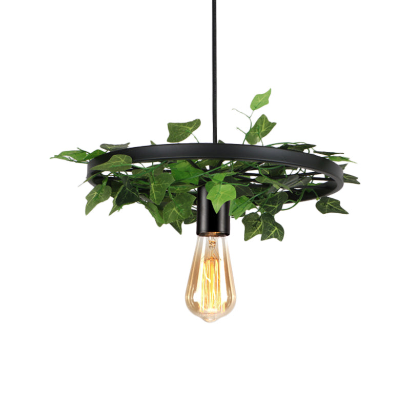 Metal Black Hanging Light Kit Wheel 1 Head Industrial Ceiling Pendant with Plant Deco