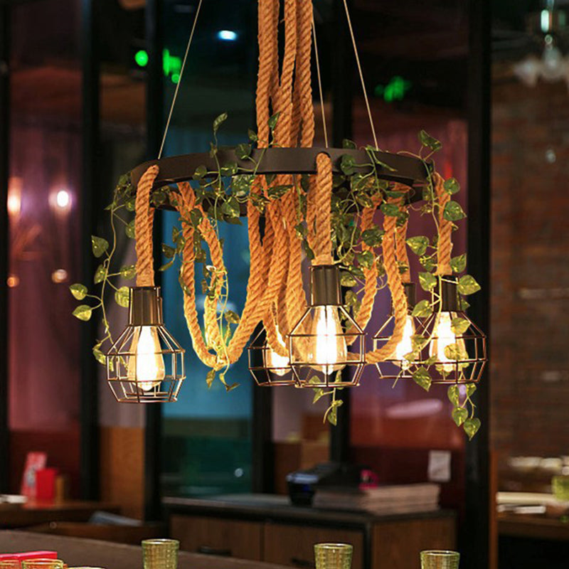Black Ball Cage Pendant Chandelier Vintage Metal 6 Heads Dining Room Plant Ceiling Light with Rope Rod