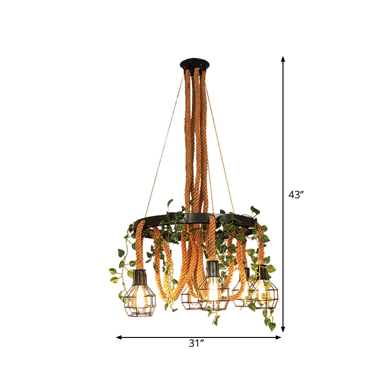 Black Ball Cage Pendant Chandelier Vintage Metal 6 Heads Dining Room Plant Ceiling Light with Rope Rod