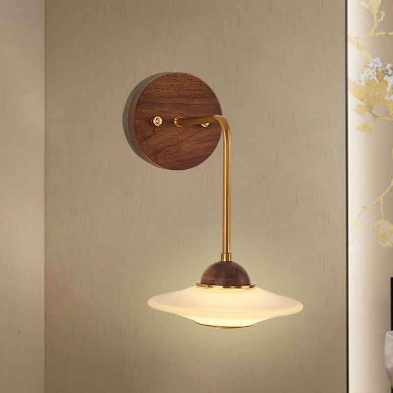 Accesorio de pared de la pared de la cama de avión LED de vidrio esmerilado Luz de pared simple Splate con placa posterior de madera marrón