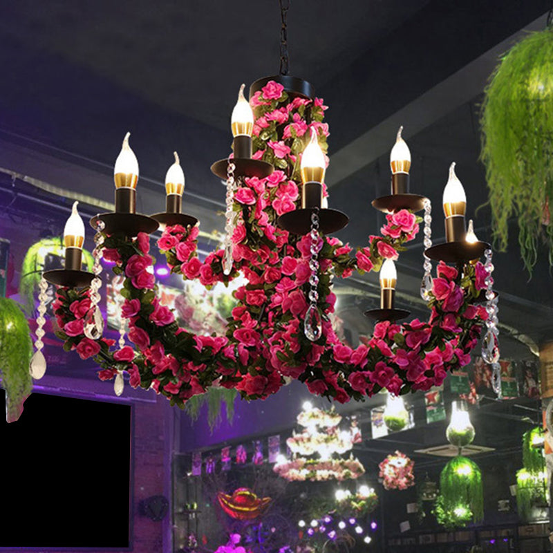 Lampadella a soffitto a 10 bulboni Candelabro antichissimi ciondoli in metallo con goccia di metallo con rosa/viola e rosso fiore falso deco