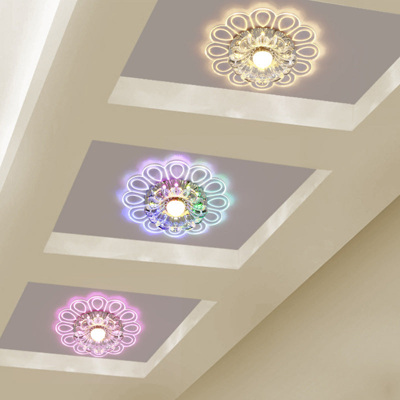White Flower Flush Light Modernist LED Crystal Ceiling Lamp in Warm/White/Multi Color Light with Peacock Pattern