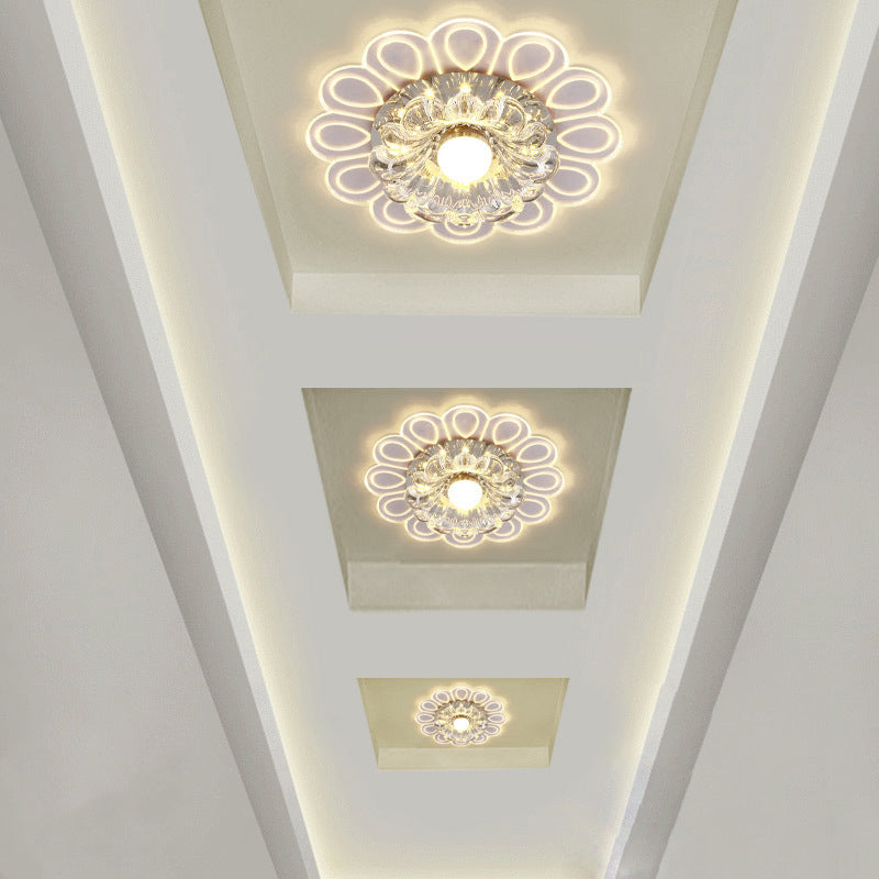 White Flower Flush Light Modernist LED Crystal Ceiling Lamp in Warm/White/Multi Color Light with Peacock Pattern