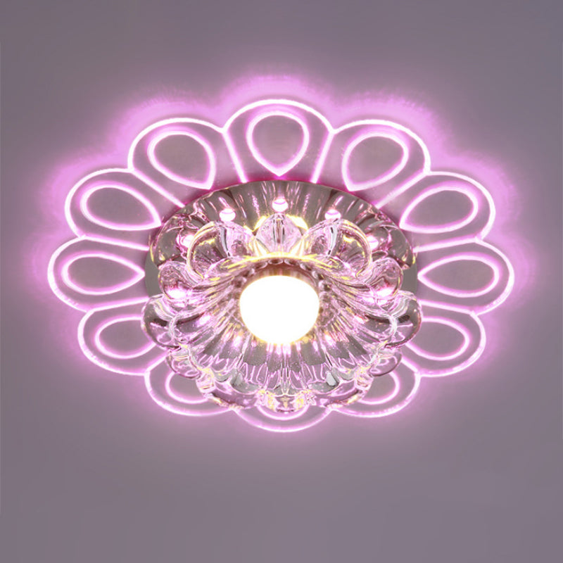 White Flower Flush Light Modernist LED Crystal Ceiling Lamp in Warm/White/Multi Color Light with Peacock Pattern
