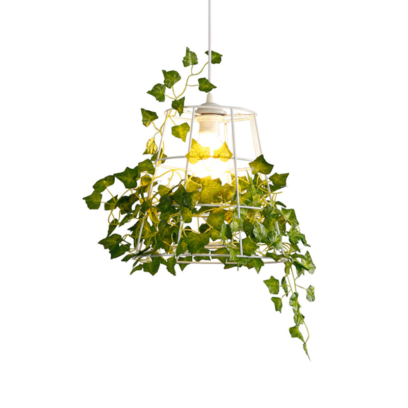 1 Head Metallic Pendant Lamp Farmhouse White Conic Cage Ceiling Hang Fixture with Artificial Plant Deco