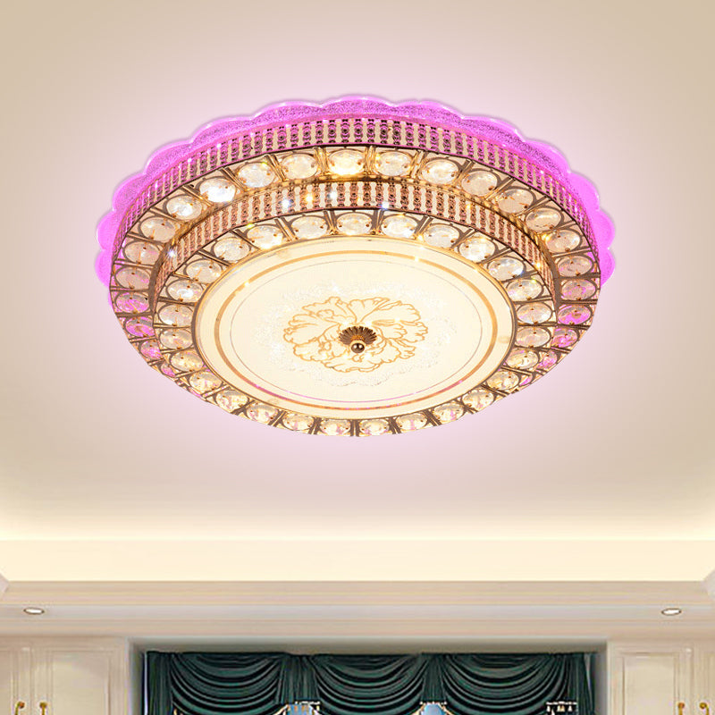 Modernist Tiered Ceiling Flush Beveled Crystal Living Room LED Flush Mount Fixture in Gold with Flower Pattern