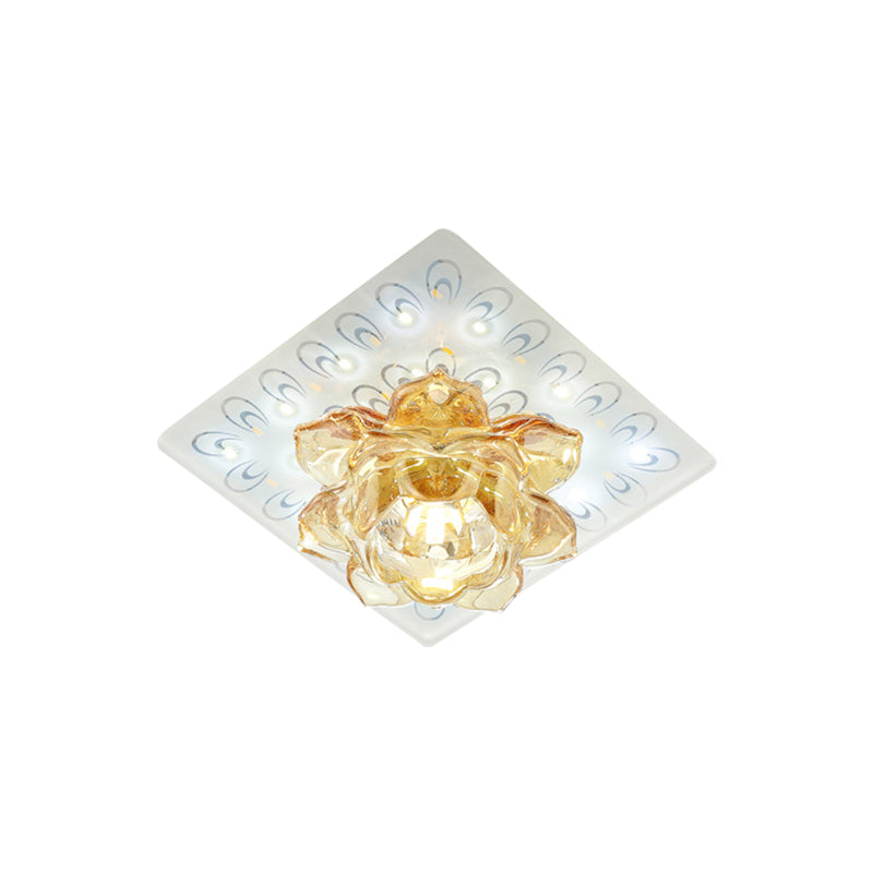 Amber Crystal Lotus Flush Ceiling Light Modern LED Flush Mount Lighting in Warm/White Light with Peacock Pattern