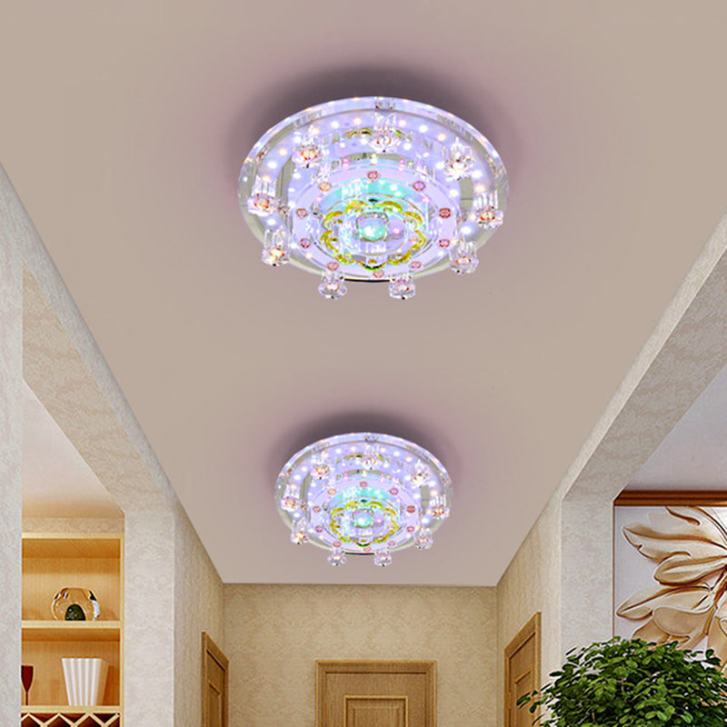 LED Corridor Ceiling Light Modern Chrome Flush Mount Fixture with Floral Crystal Shade