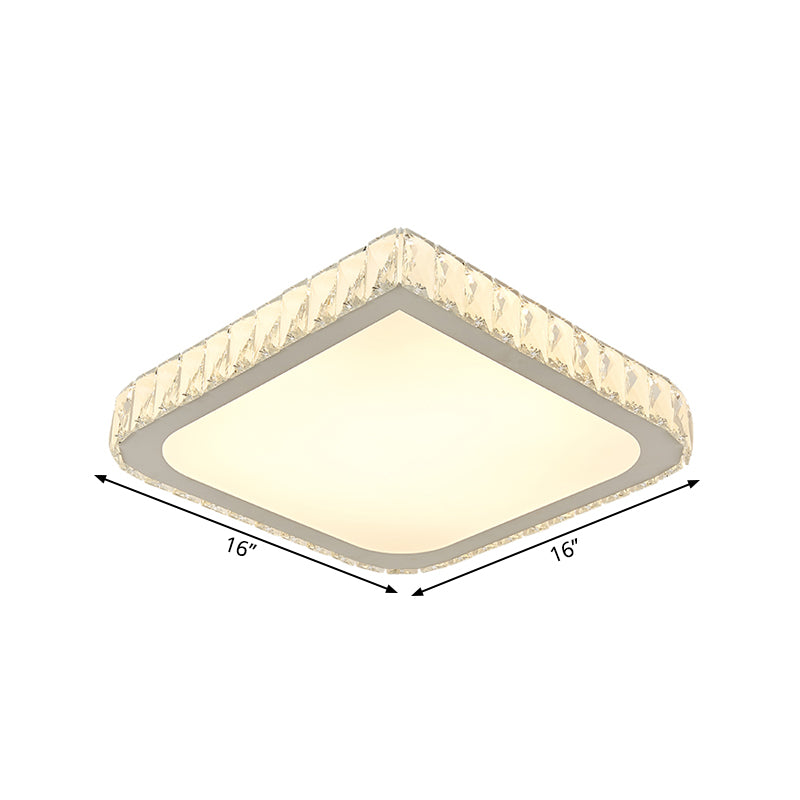 LED Bedroom Flush Light Fixture Simple Chrome Close to Ceiling Lamp with Square Crystal Shade