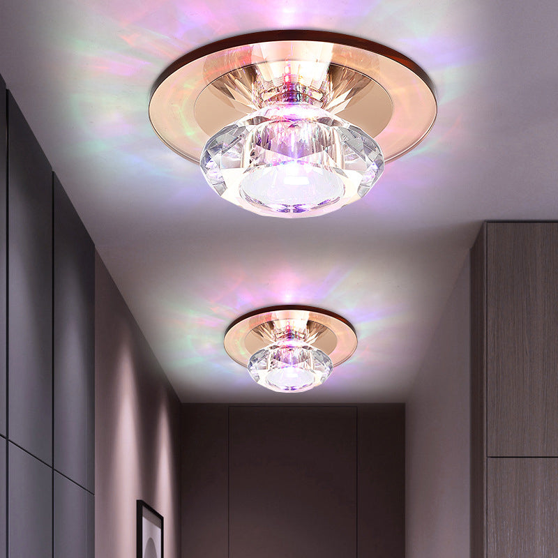 LED Porch Semi Flush Mount Light Simple Black/Tan Ceiling Lighting with Circle Clear Crystal Shade, Warm/White Light