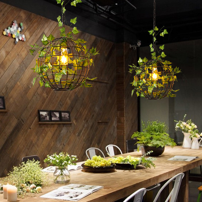 Luce a soffitto in metallo a gabbia di sfumatura anticato 1 sala da pranzo lampada a sospensione in nero con foglia artificiale deco